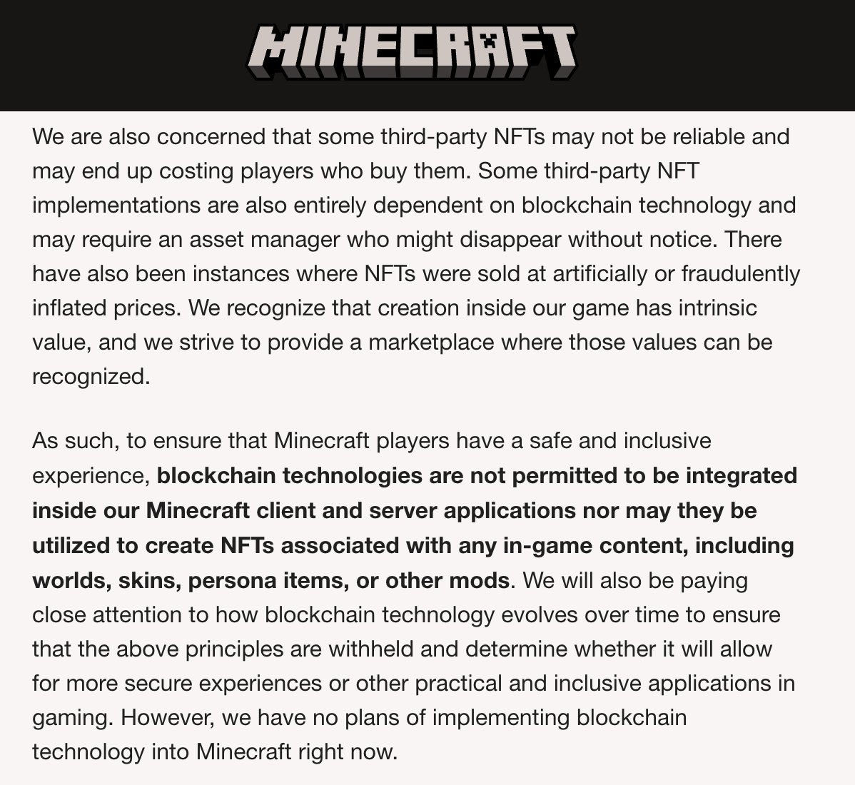 Minecraft's message banning all NFT's